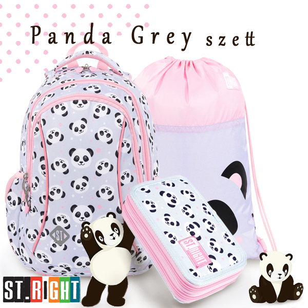 St. Right Pandás iskolatáska, hátizsák 39 cm SZETT – Panda Grey